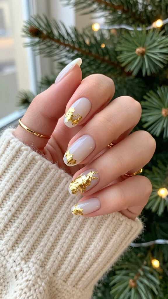 Gold leaf nails over milky white polish