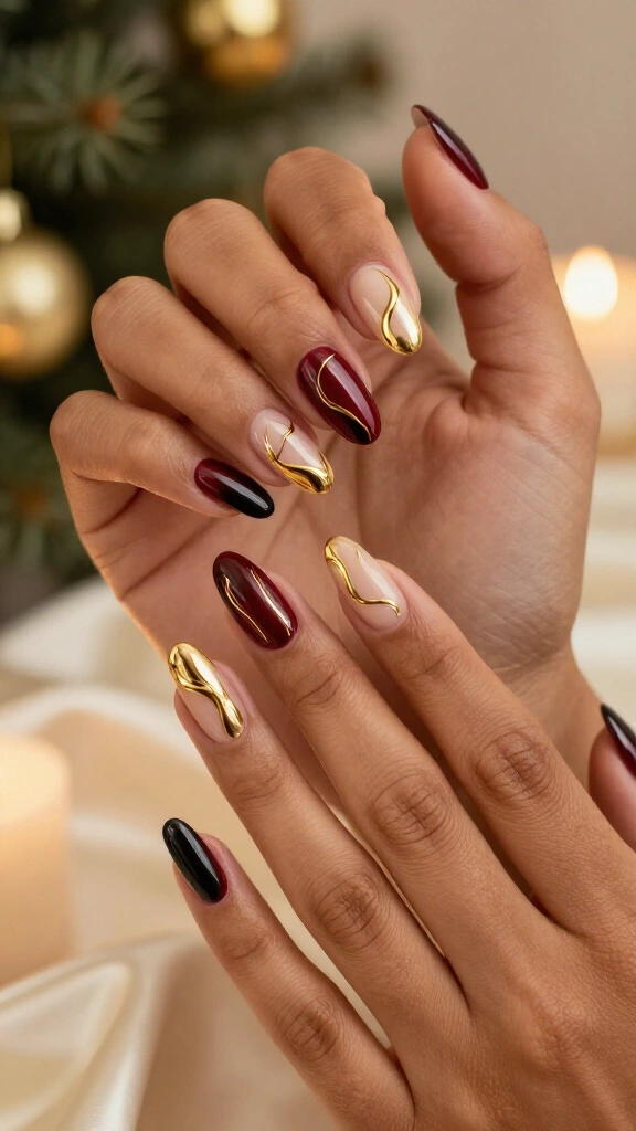 Gold chrome swirl nails