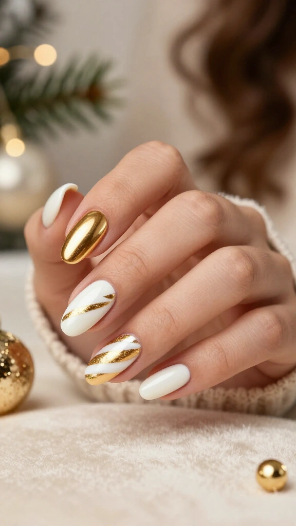 White and gold candy cane nails