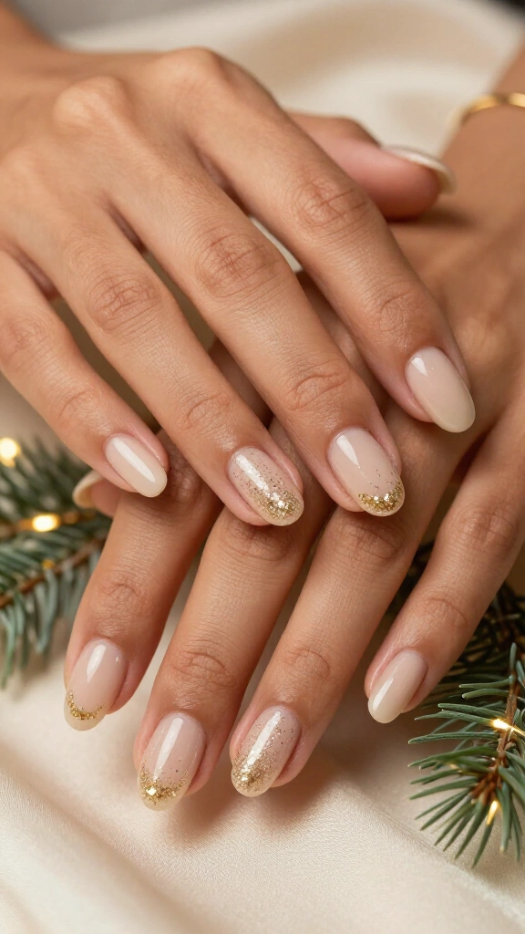Nude nails with gold cuticle glitter