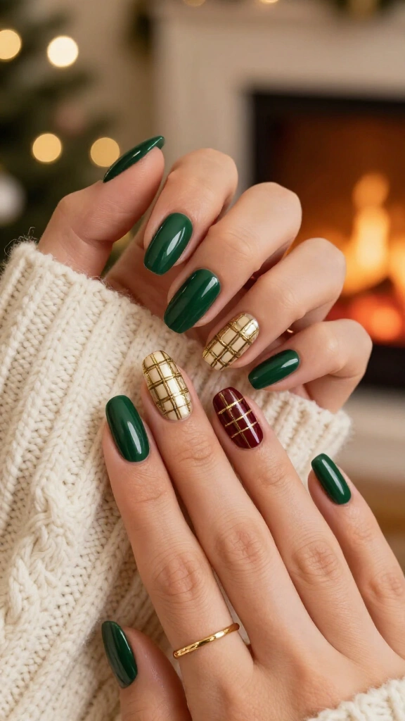 Gold plaid holiday nails
