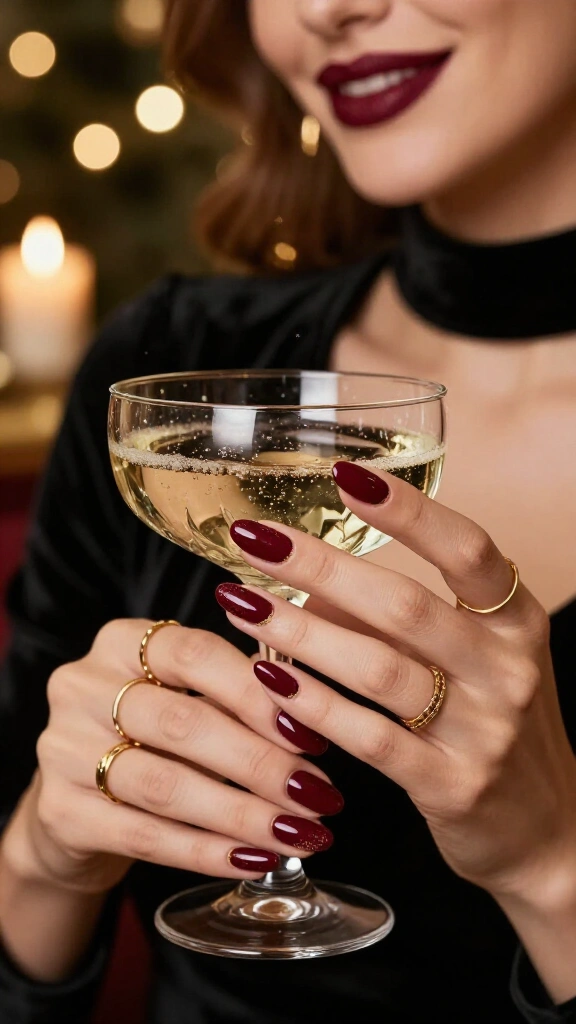 Burgundy nails with gold half moons