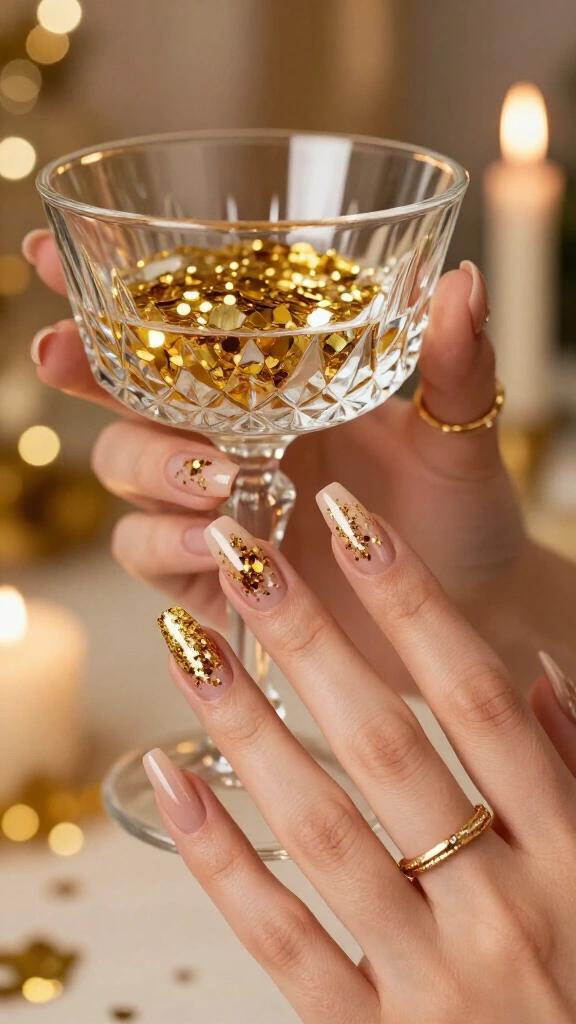 Gold confetti nails for New Year