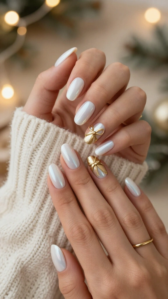 Delicate Gold Ribbon Bows on Pearl White