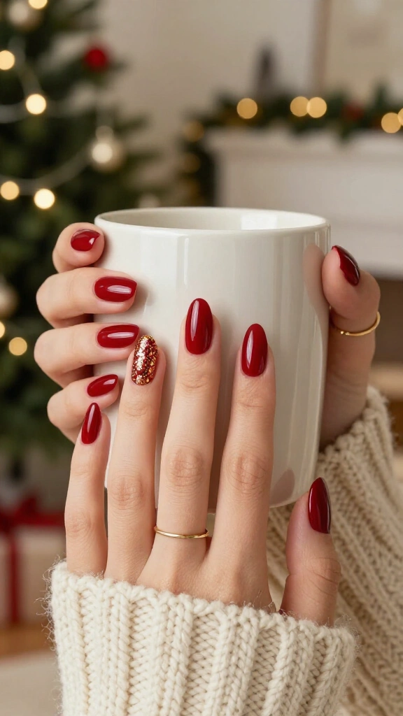 Classic red glitter Merry Christmas nails