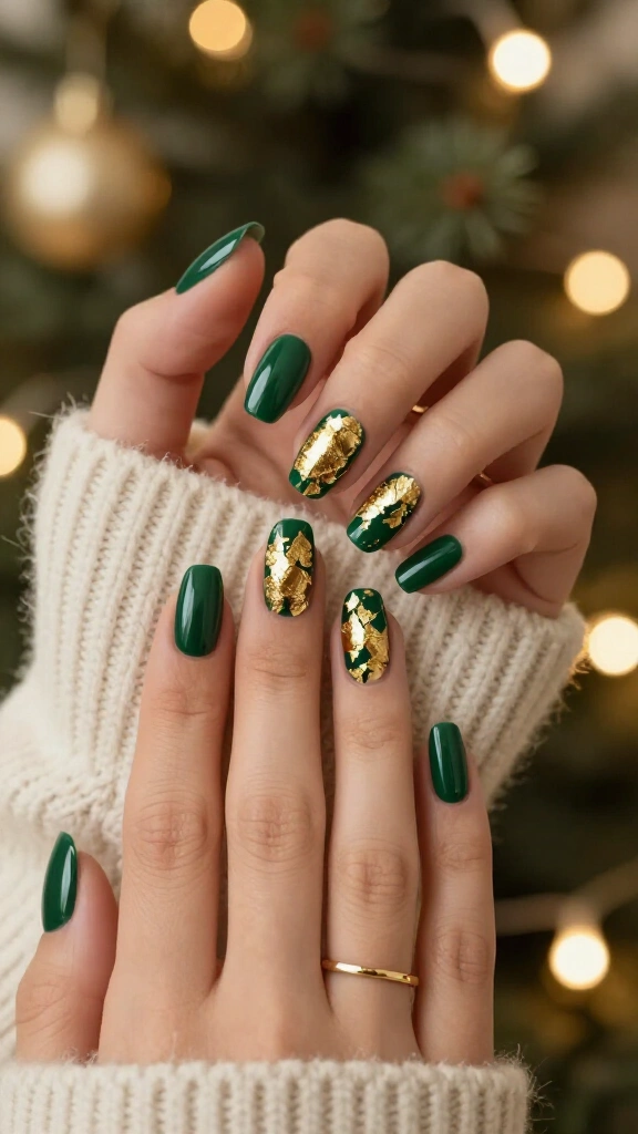 Emerald green and gold foil nails
