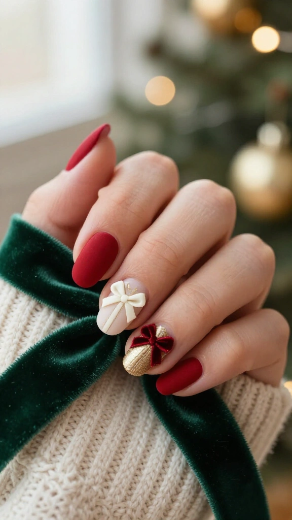 Red velvet bow nails