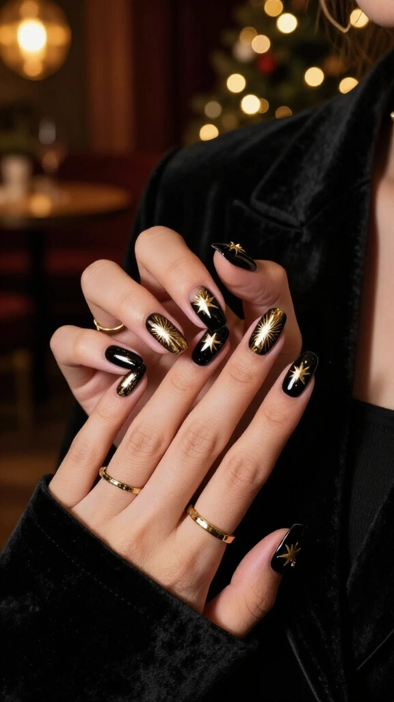 Black and gold Christmas star nails