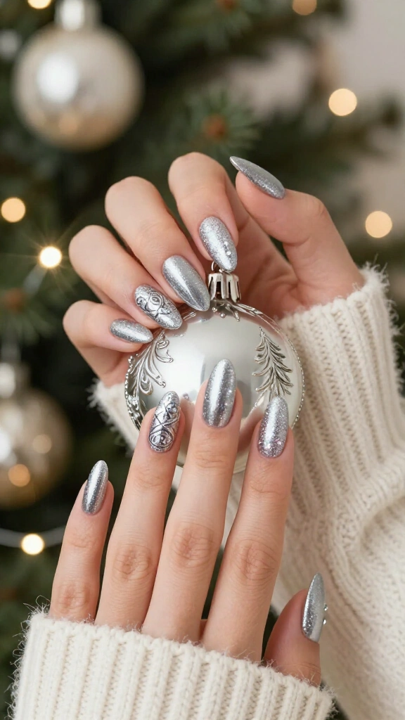 Sparkly silver ornament nails