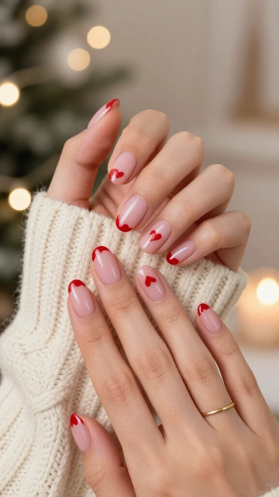 Minimalist red heart Christmas nails