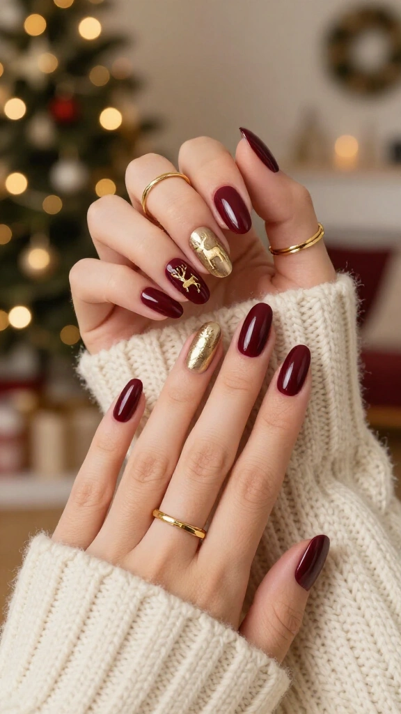 Burgundy nails with golden reindeer details