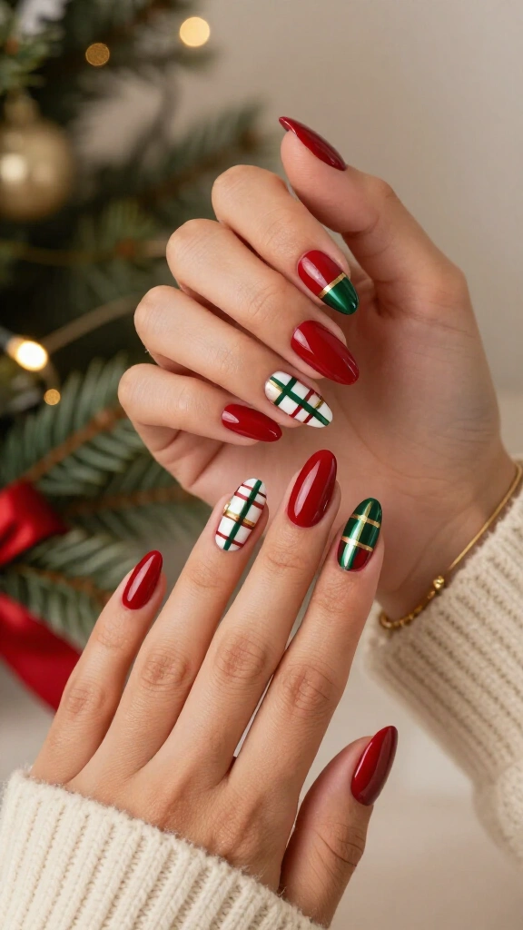 Festive plaid accents on glossy crimson