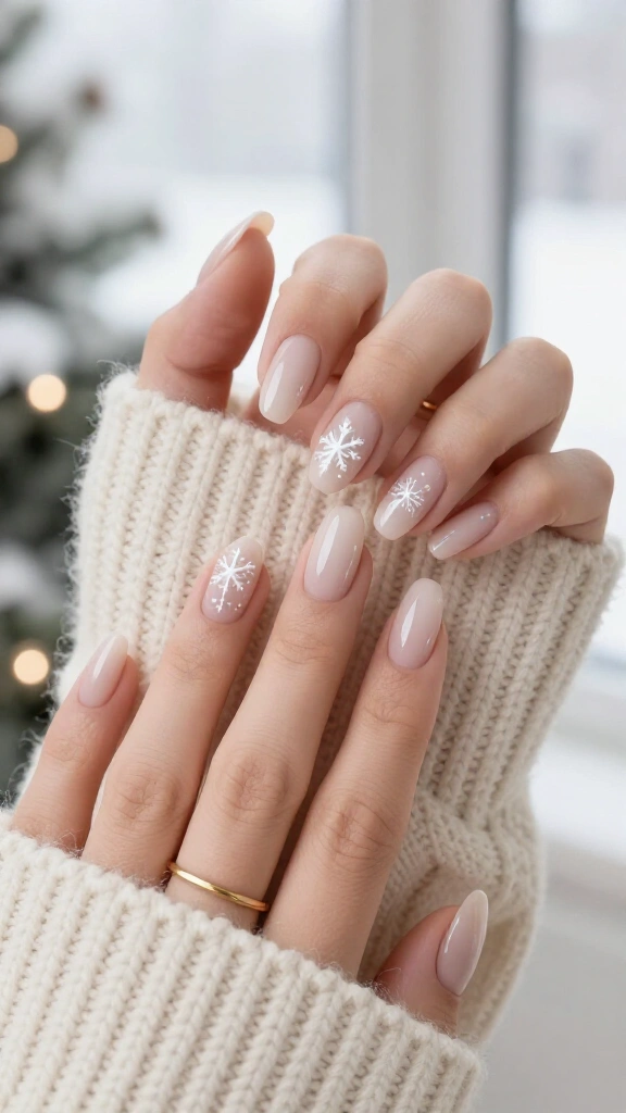 Milky nude nails with tiny white snowflakes
