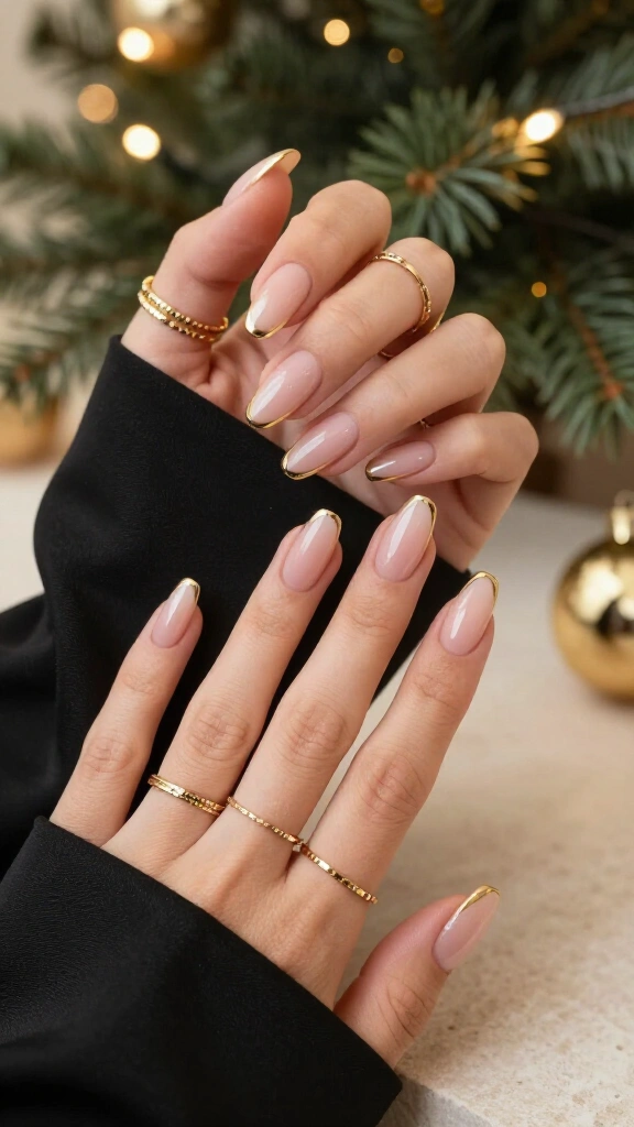 Nude French tips with gold chrome edges