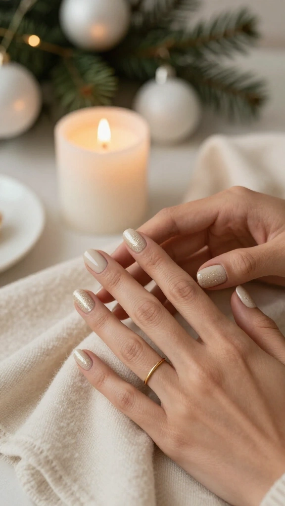 Soft beige nails with micro glitter