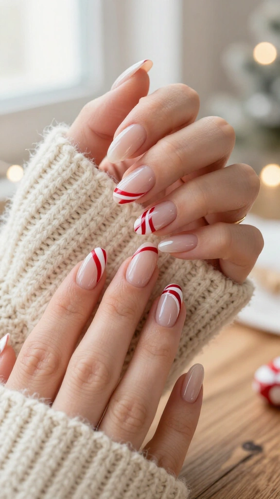 Nude nails with minimal candy cane lines