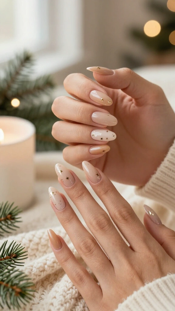 Nude almond nails with gold stars