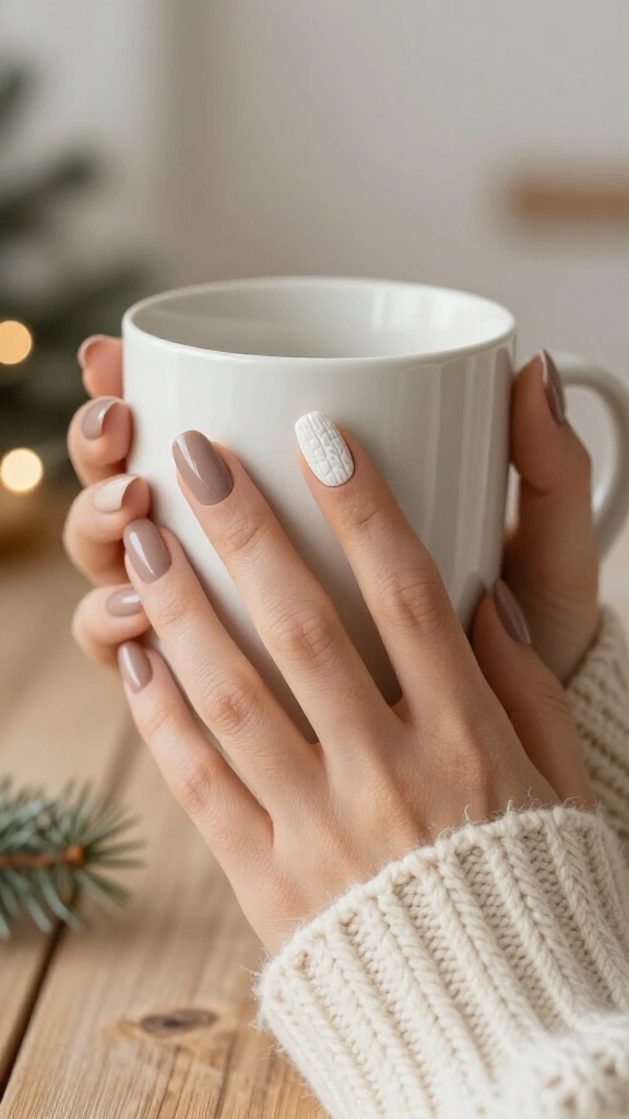 Taupe nails with white sweater texture