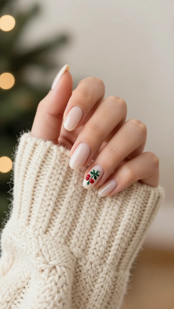 Nude nails with delicate mistletoe art