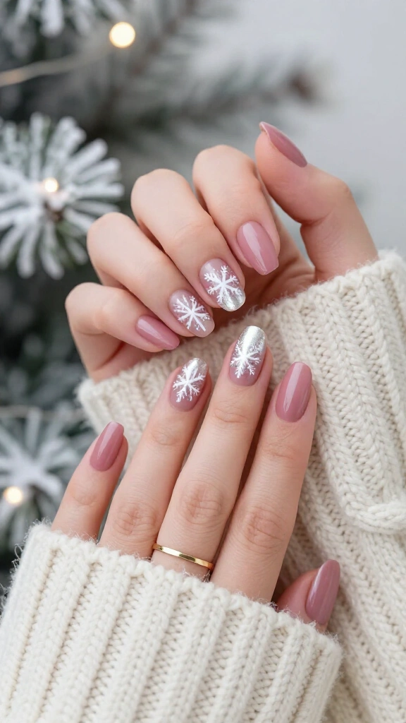 Shimmering snowflake accents on dusty rose