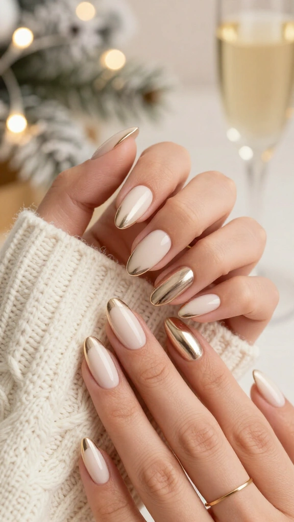 Nude chrome French Christmas nails
