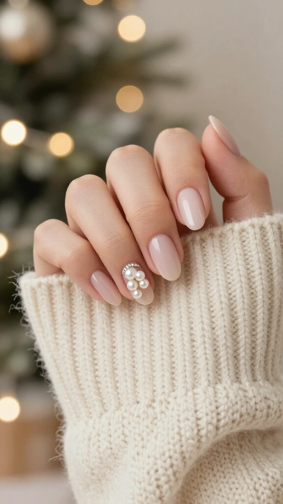 Blush nude nails with mini pearls