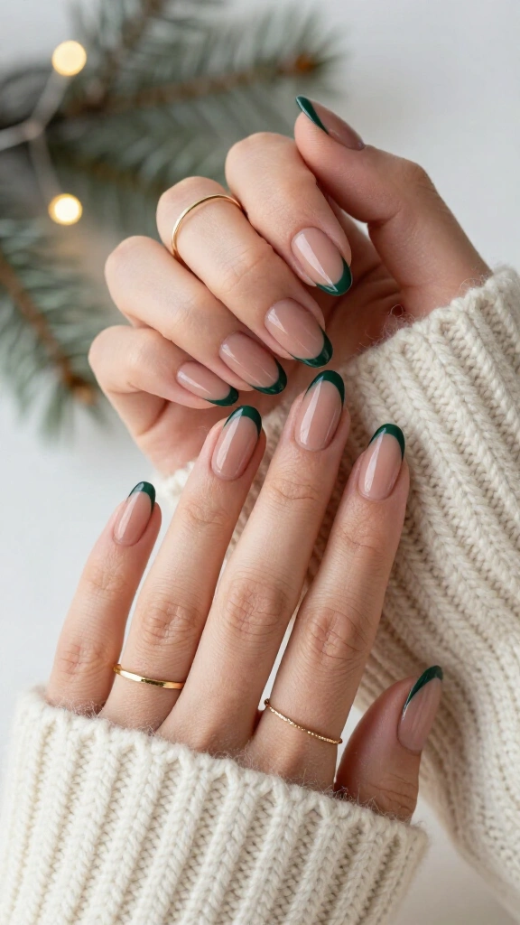 Nude nails with evergreen French tips