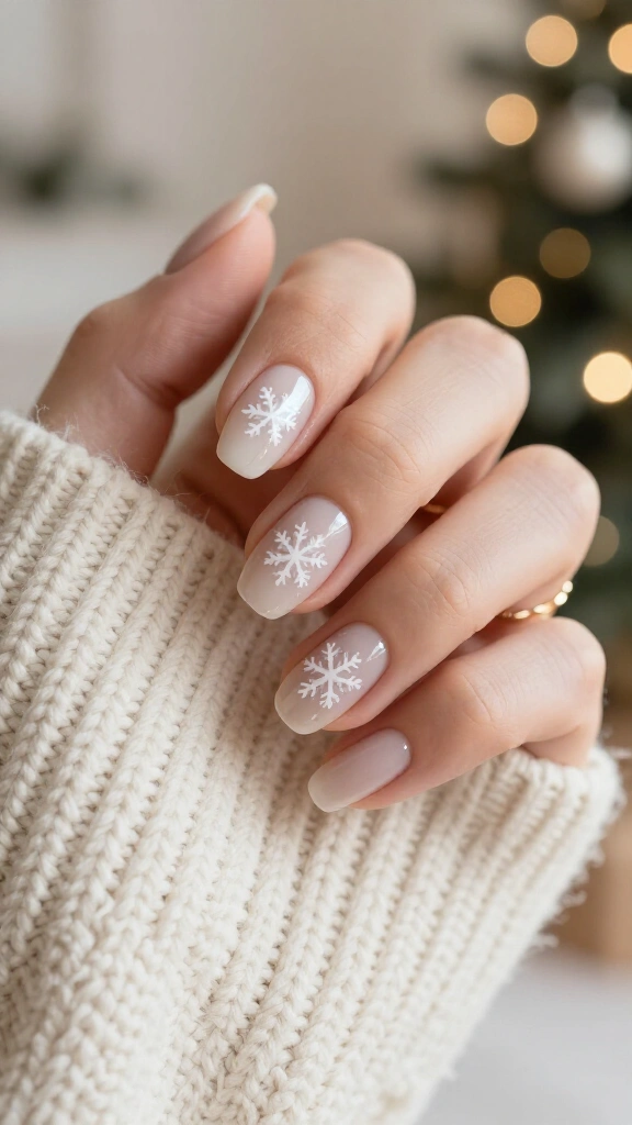 Matte nude nails with glossy snowflakes