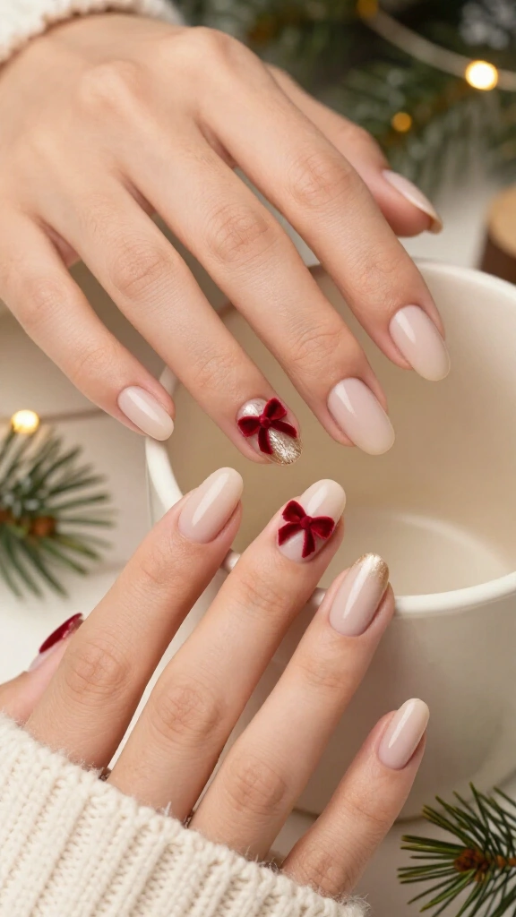 Nude nails with red velvet bows