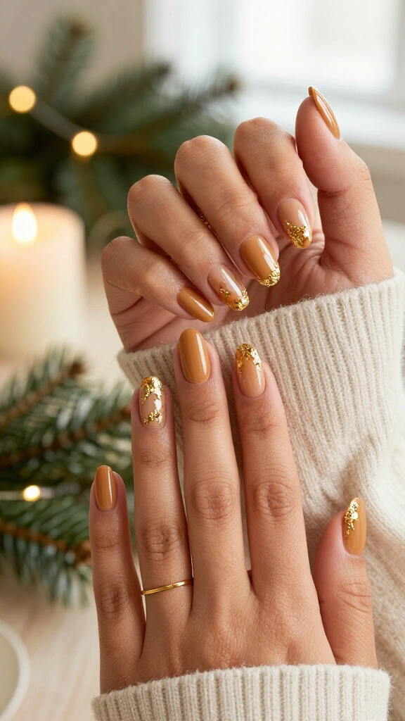 Caramel nude nails with gold foil flecks
