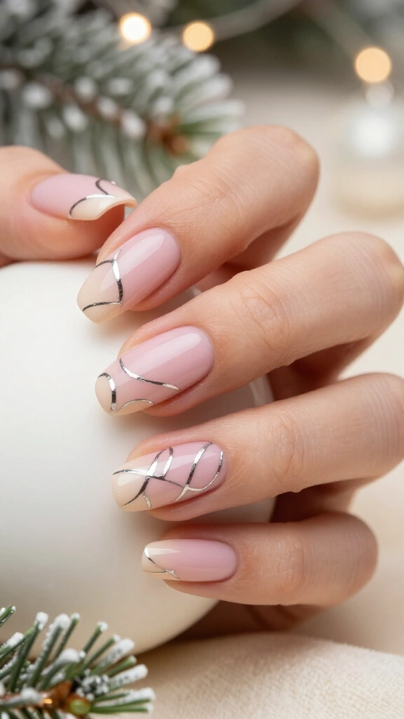 Nude nails with silver ribbon swirls
