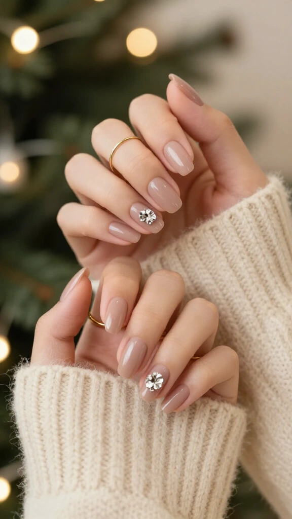 Classic nude nails with one crystal accent
