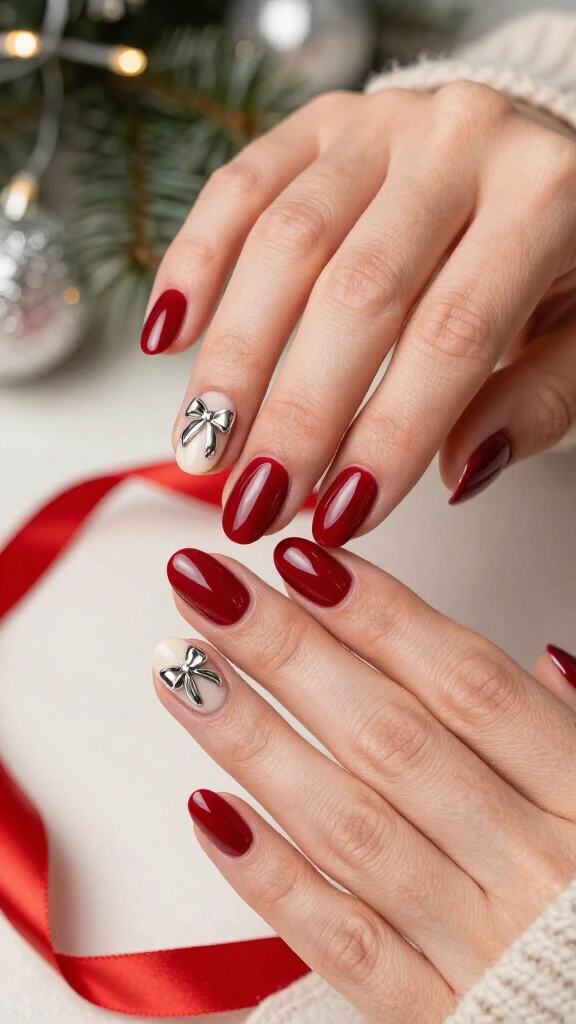 Classic cherry red gloss with ribbon accents