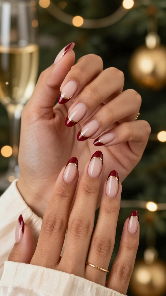 Red French tips with a gold line