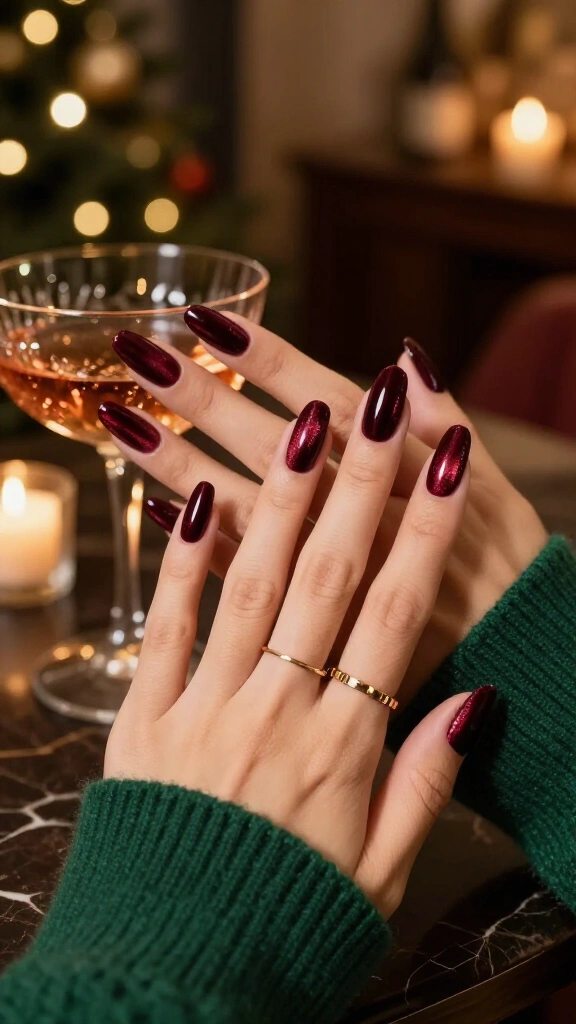 Burgundy velvet cat eye nails