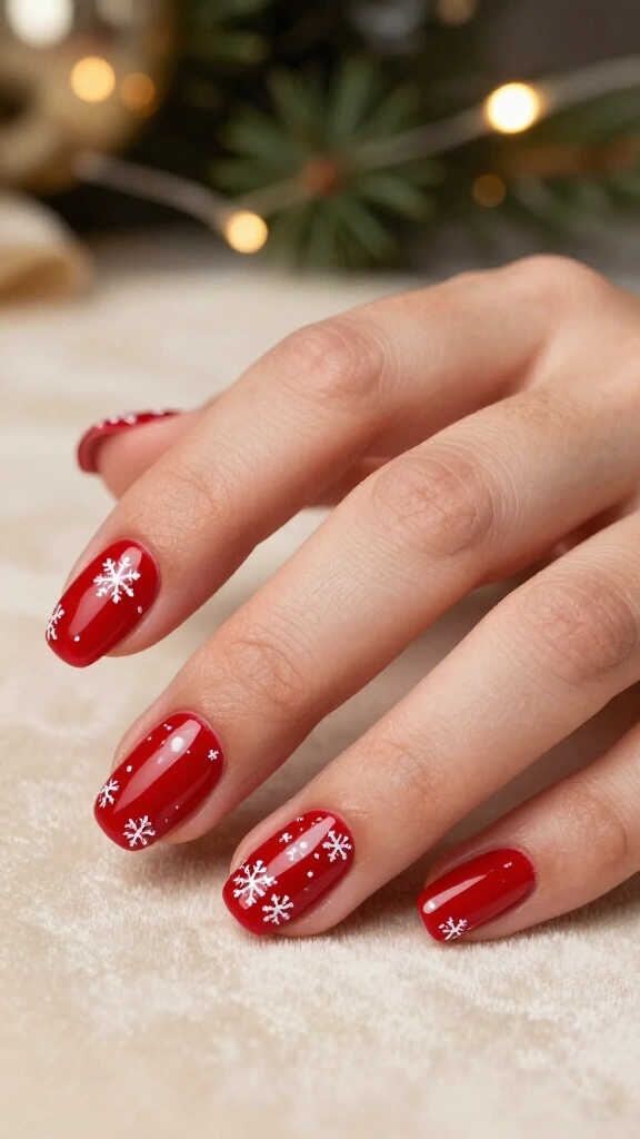 Tiny white snowflakes on red