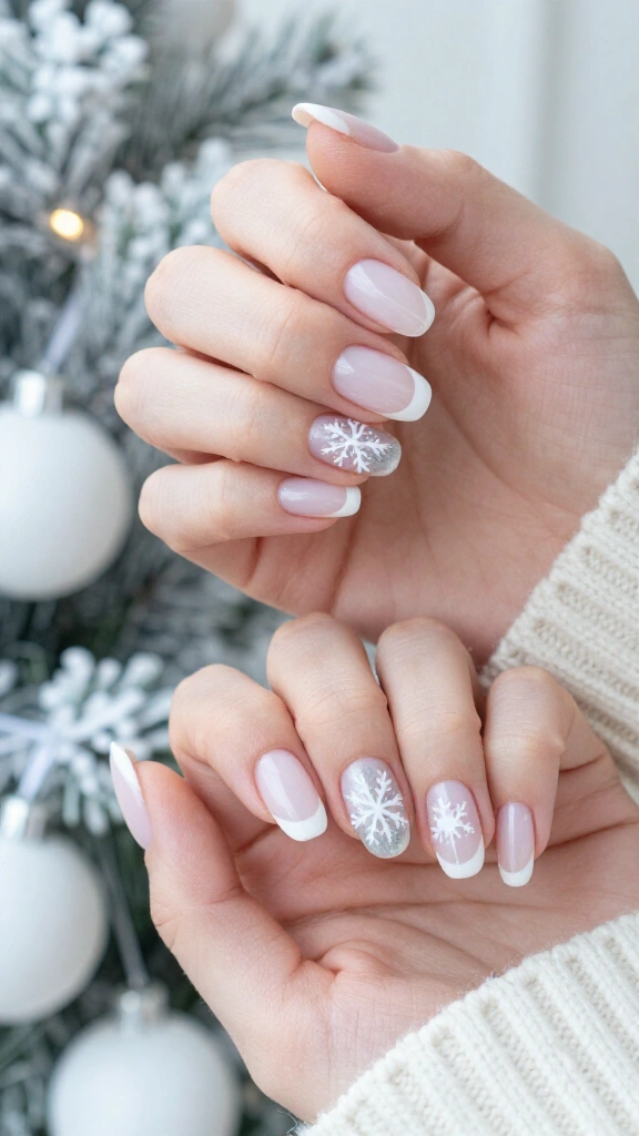 Frosted French tips with snowflake accents
