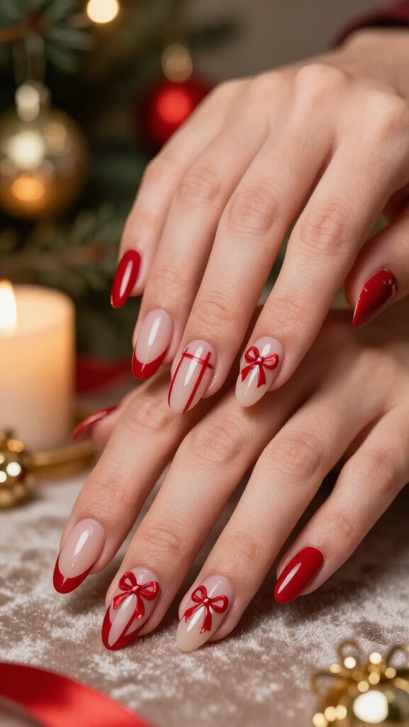 Red and nude gift bow nails