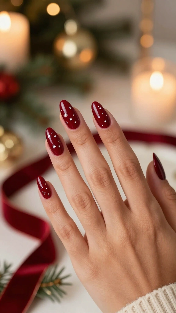 Deep red almond nails with white stars