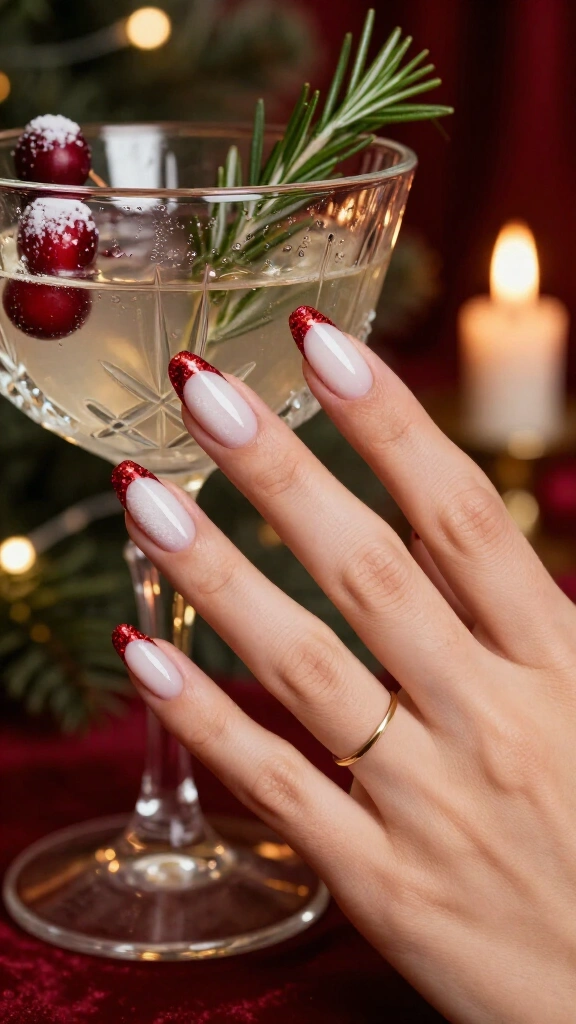 Red glitter French tips with a milky base
