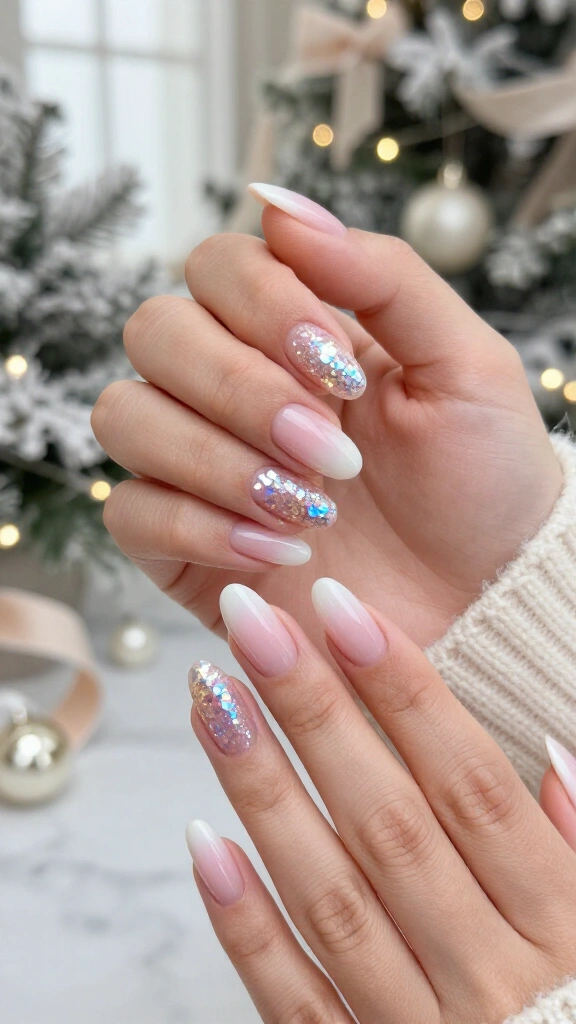Subtle pastel ombre with chunky holographic glitter