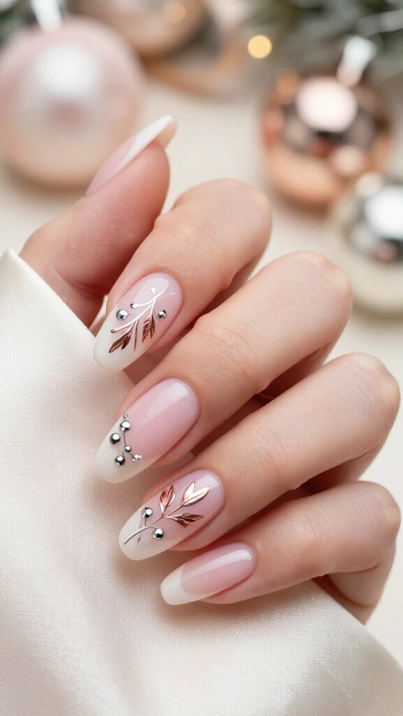 Metallic mistletoe on sheer milky pink