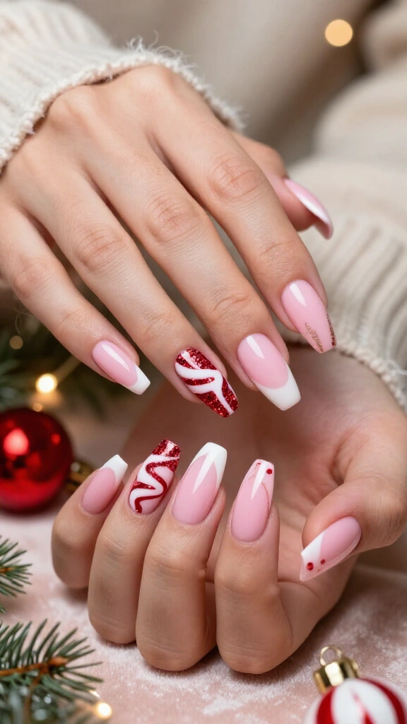 Peppermint swirl baby pink coffin nails