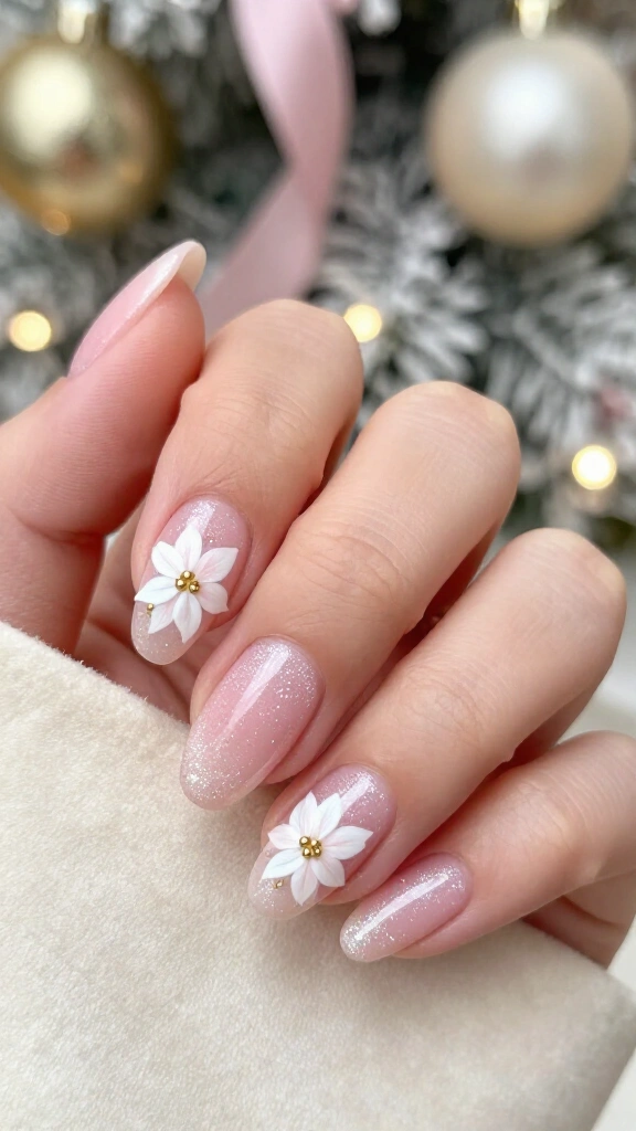 Micro-glitter baby pink with white poinsettias