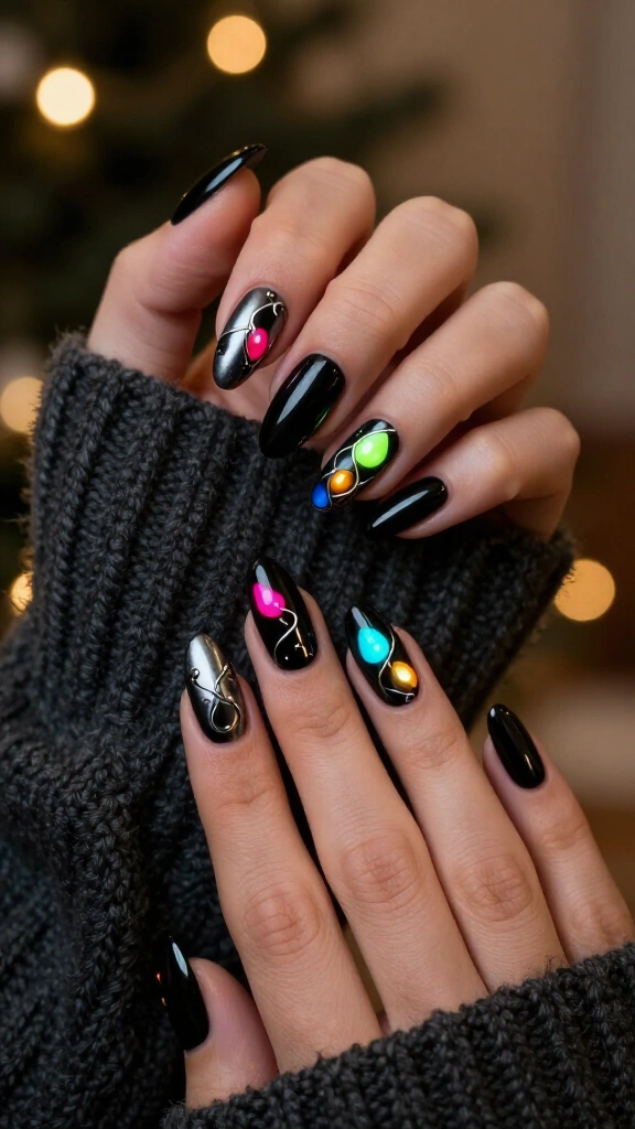 Black nails with neon holiday lights