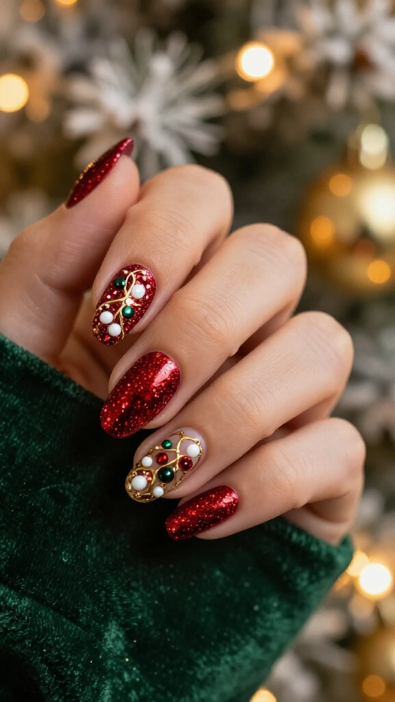 Red glitter nails with golden light strings