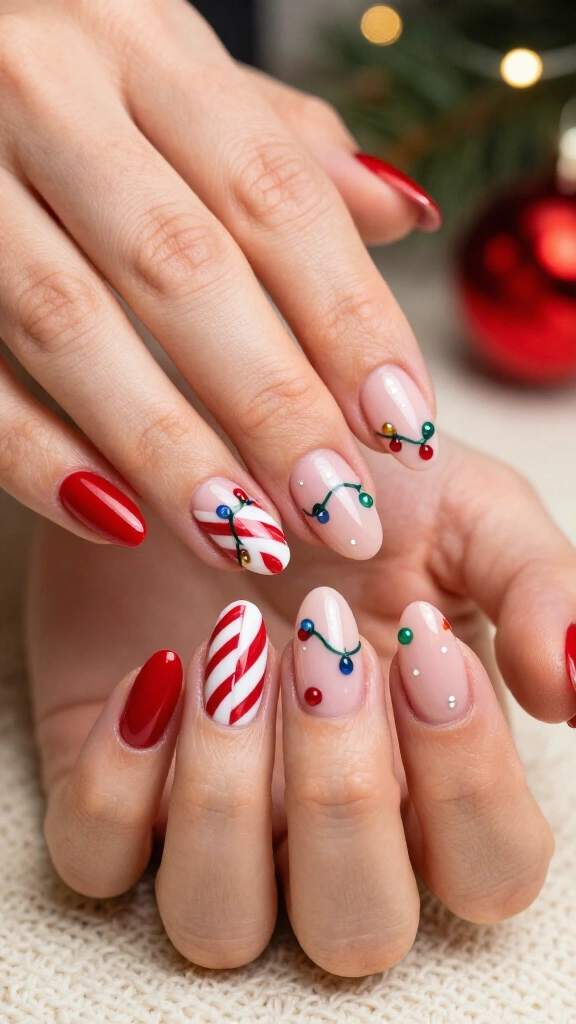 Candy cane and Christmas light accent nails