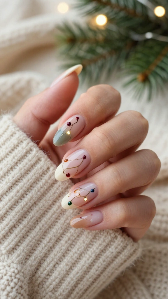 Cozy nude nails with delicate fairy lights