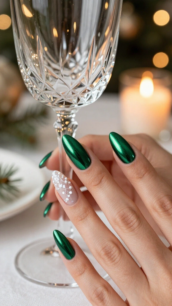 Green chrome nails with tiny white lights
