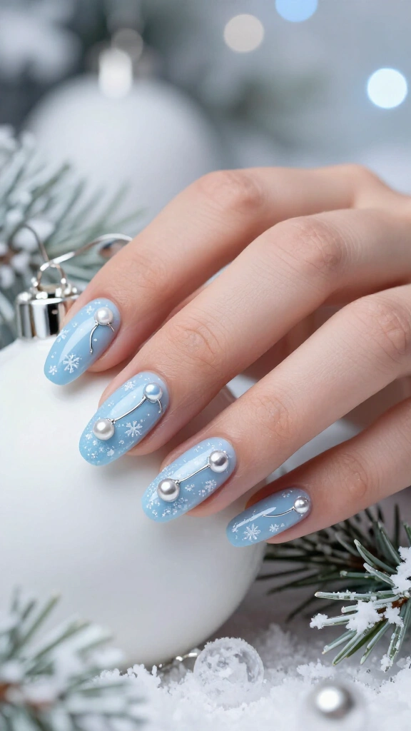 Snowy blue Christmas light nails
